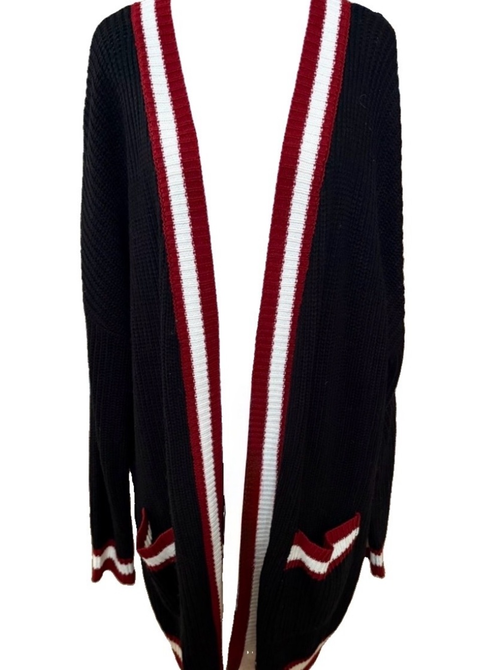 No Boundaries Black Red White Striped Long Cardigan Sweater With Pockets 3X